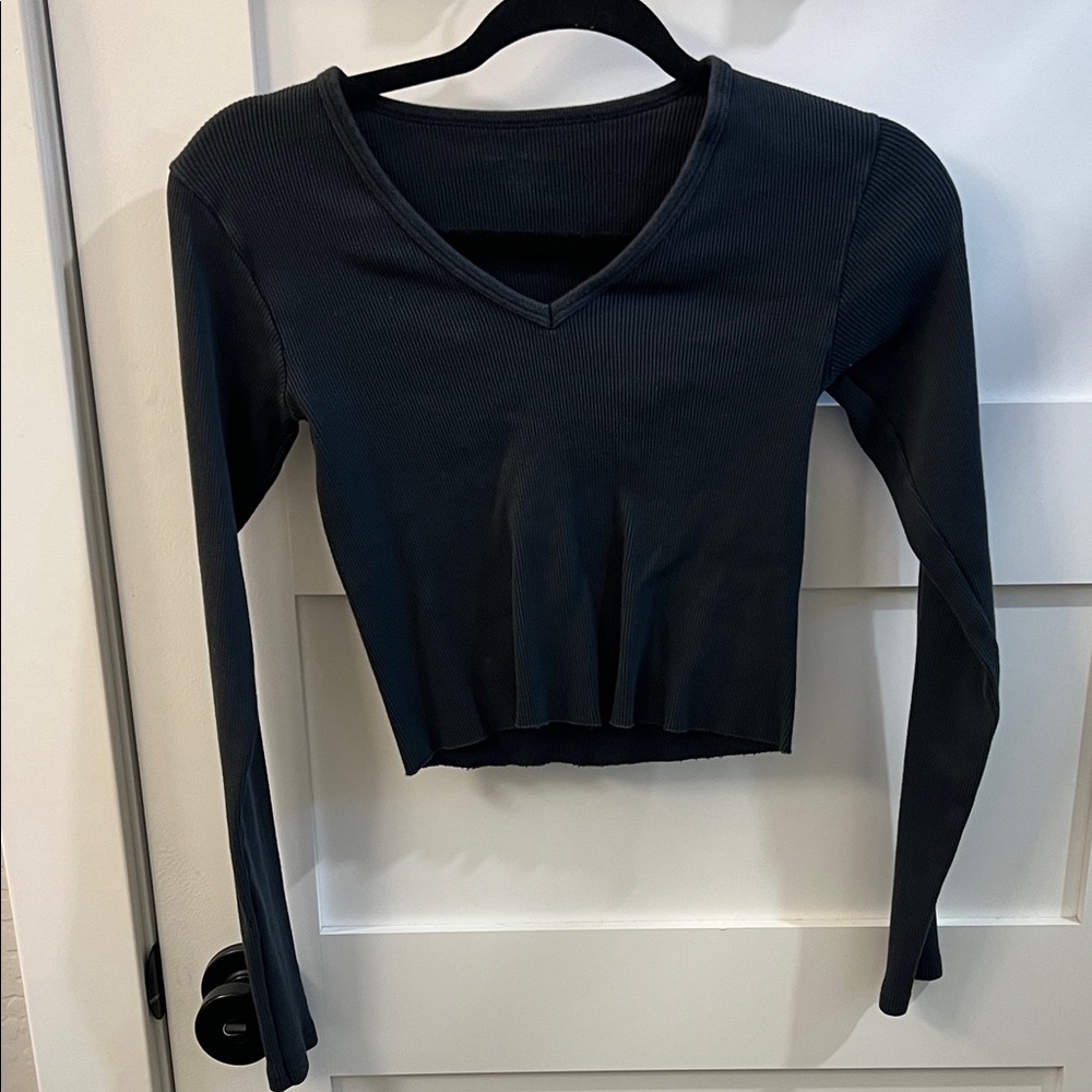 Vintage Brandy Melville Charcoal V-Neck Ribbed Long Sleeve Top